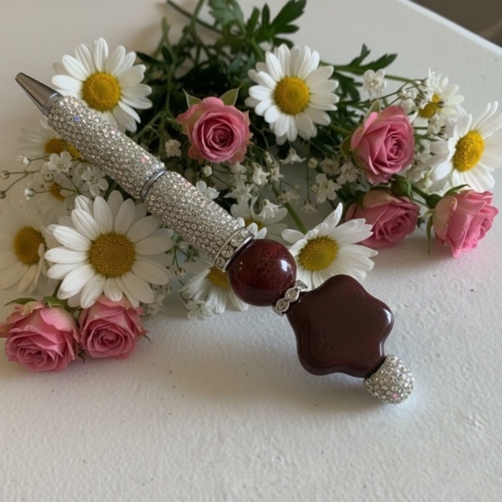 Handcrafted Lampwork Glass & Porcelain Beaded Pen with Silver Accents
